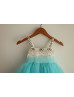 Ivory Satin Turquoise Tulle Beaded Tutu Flower Girl Dress